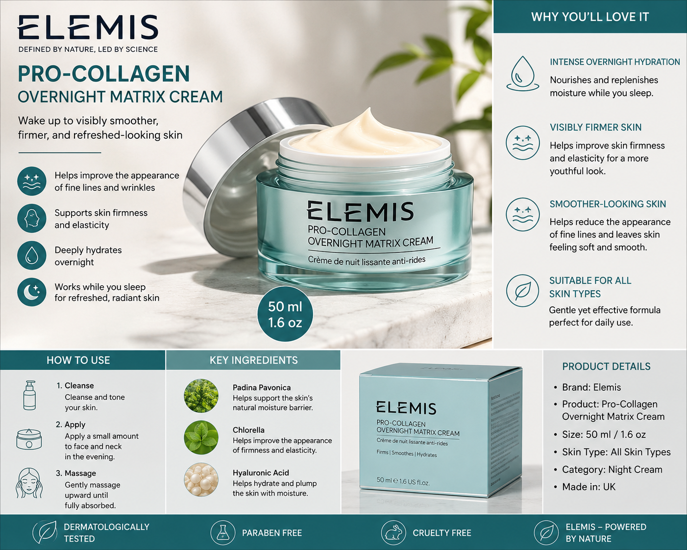 Elemis Pro-Collagen Overnight Matrix Cream 50 ml / 1.6 oz | Firming Night Moisturizer