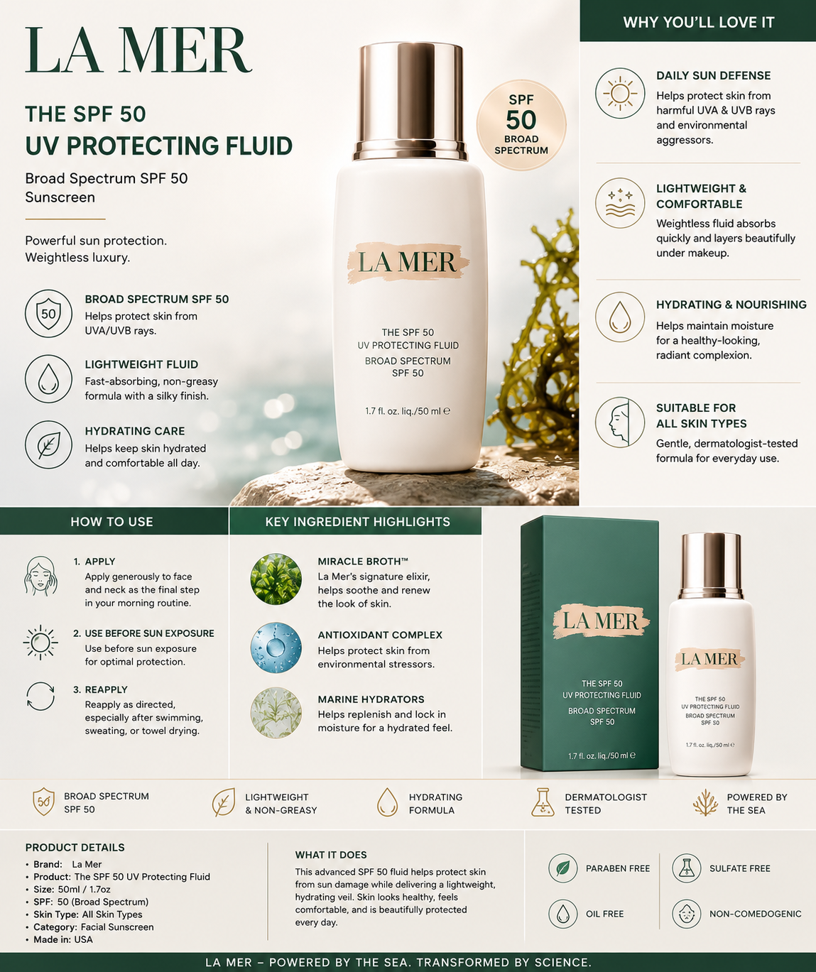 La Mer The SPF 50 UV Protecting Fluid – 50ml / 1.7oz | Lightweight Daily Sunscreen