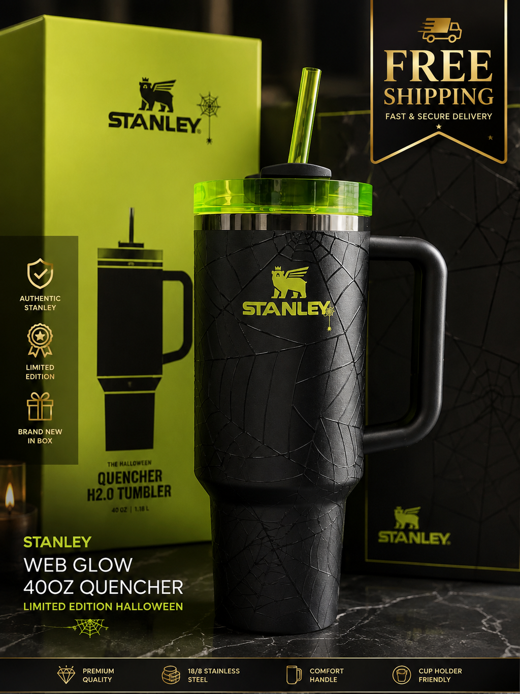 Stanley Web Glow 40oz Quencher H2.0 FlowState Tumbler | Limited Edition Halloween