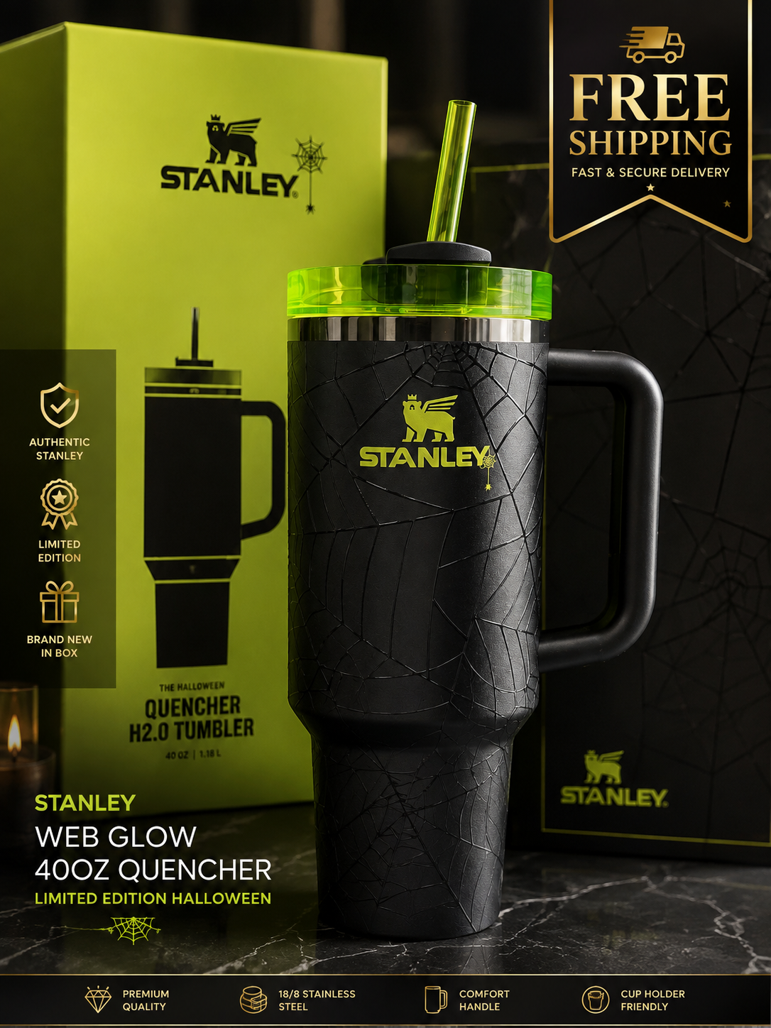 Stanley Web Glow 40oz Quencher H2.0 FlowState Tumbler | Limited Edition Halloween