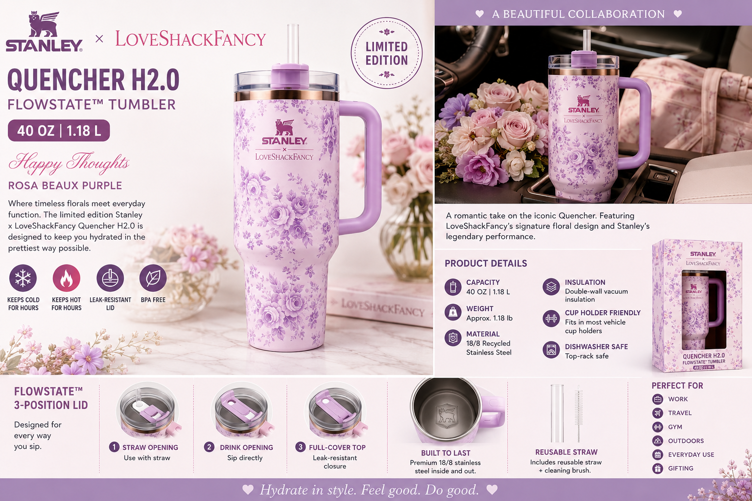Stanley x LoveShackFancy Quencher H2.0 FlowState Tumbler 40 oz – Happy Thoughts (Rosa Beaux Purple)